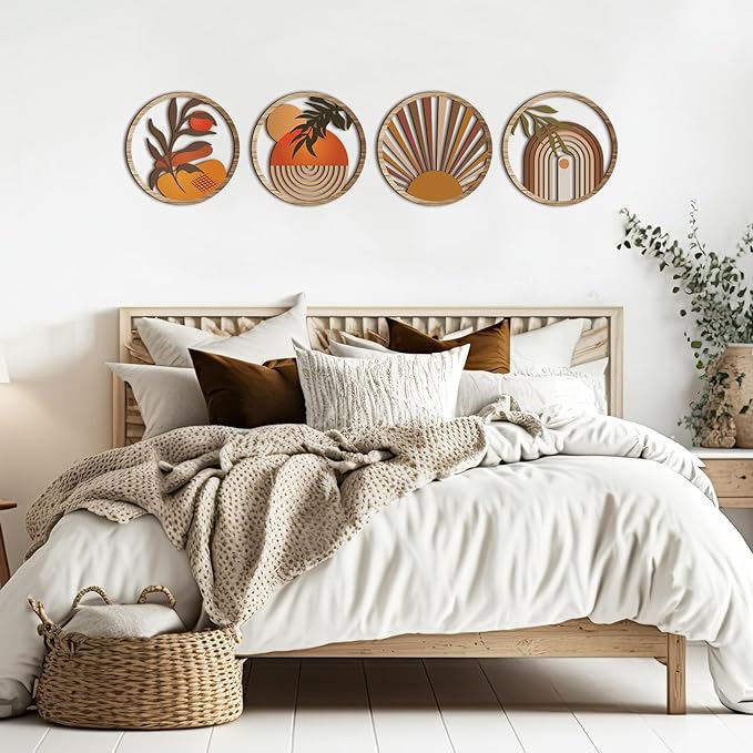 Qunclay 4 Pieces Boho Wall Art Wooden Bohemian Wall Decor Hanging Art Nursery Decor Farmhouse Geometric Hanging 10 Inch Aesthetic Wood Minimalist for Apartment Bedroom(Stylish)