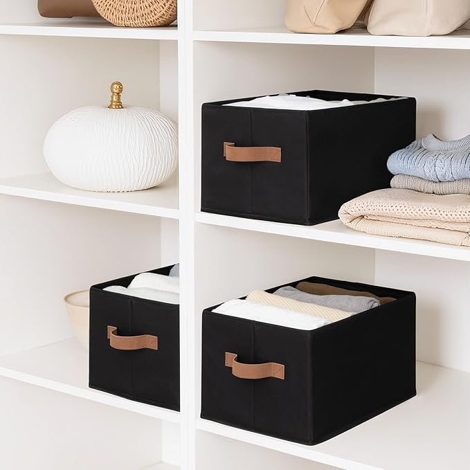 StorageWorks Storage Baskets for Shelves, Foldable Fabric Closet Storage Bins with Handles, Clothes Organizer Laundry Baskets, Black, 3-Pack, Large