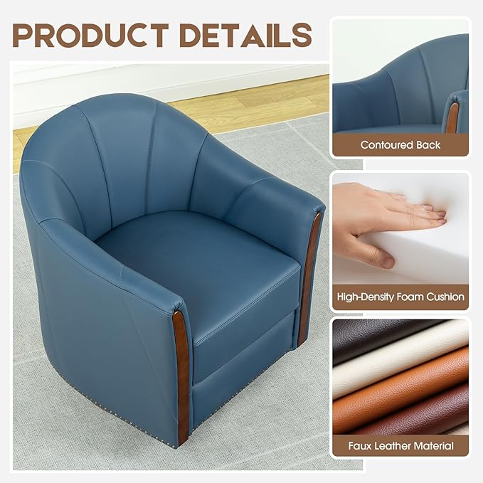 360° Swivel Accent Chair, Modern Leather Barrel Club Chair with Leather Upholstery and Sturdy Wood Base, Comfortable Armchair for Living Room, Bedroom, Reading Nook, Blue