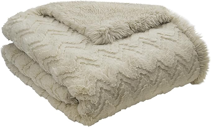 Mon Chateau Premium Reversible Queen Size Luxury Faux Fur Throw for Couch, Sofa, or Queen Size Bed - Plush Cozy Soft Blanket for Sleeping or Home Décor, 60" x 70" (Beige Jacquard)