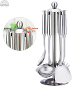Kitchen Utensil Set – 6 Piece Stainless Steel Cooking Utensils with Rotating Holder Organizer Includes Slotted Spoon, Slotted Spatula, Large Spoon, Soup Ladle, Spatula, Pasta Server Silver/7PCS