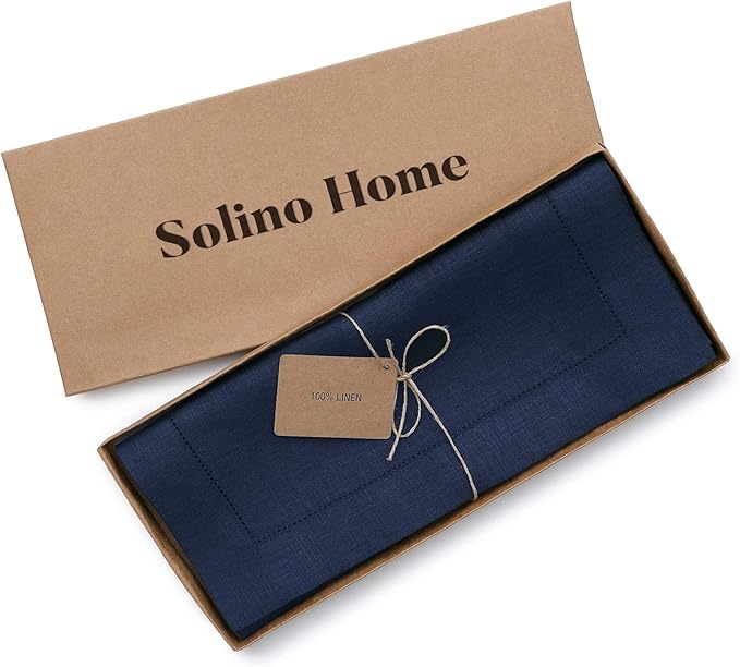 Solino Home Linen Navy Table Runner 90 Inches Long - 100% Pure Linen Hemstitch 14 x 90 Inch Table Runner for Dining, Fall, Autumn, Thanksgiving - Classic Hemstitch