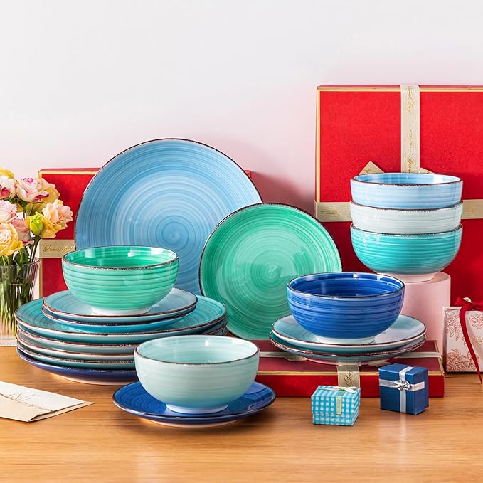 vancasso Bonita Dinnerware Set Blue Stoneware 18 Pieces Service for 4, Handpainted Spirals Pattern Stoneware Plates and Bowls Set