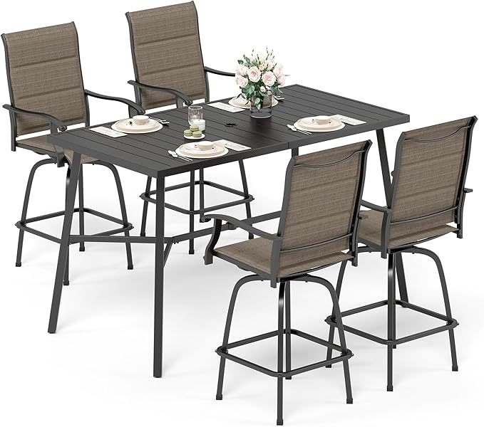 Sophia & William Outdoor Bar Set, Patio Bar Table and Chairs Set, Bar Height Patio Set - 4 x Swivel Bar Chairs(Brown-Padded), 1 x Rectangular Bar Table