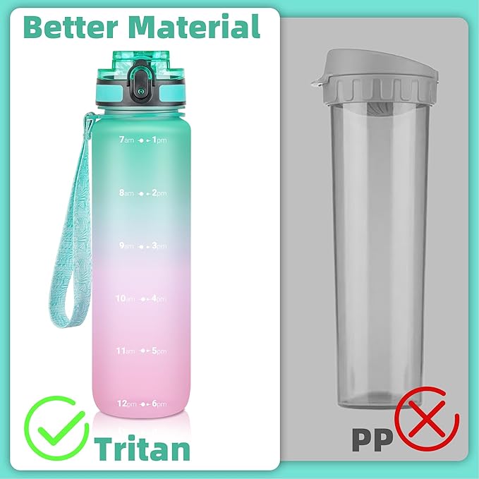 OLDLEY 32 oz Water Bottle, Motivational Water Bottle with Time Marker, Sports Water Bottle With Strap, Leakproof & BPA Free Large Water Bottles for School, Gym, Travel, Outdoor, Tritan,Green&Pink