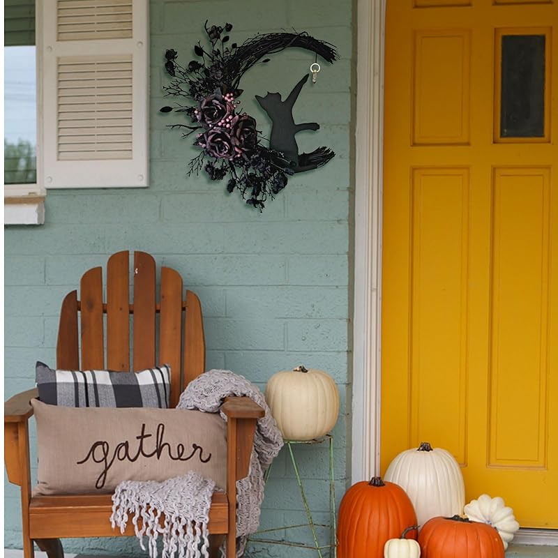 Halloween Wreaths for Front Door with Light, Black Cat on Moon Garland with Rose Wreath Decor, Halloween Decorations Crescent Moon Wreath for Home Party Window Wall Indoor Outdoor (black flower)