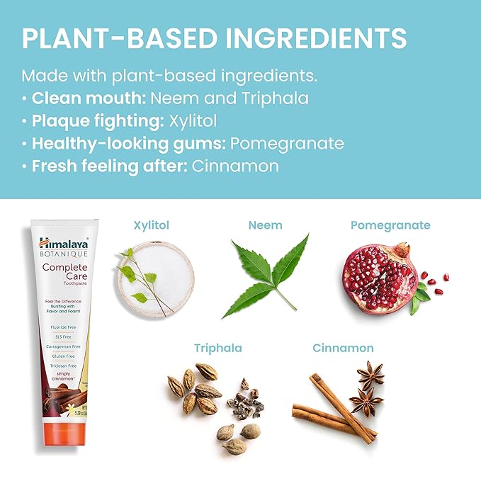 Himalaya Botanique Complete Care Toothpaste, Herbal, Cinnamon Flavor, Fights Plaque, Freshens Breath, Fluoride Free, No Artificial Flavors, SLS Free, Cruelty Free, Foaming, 5.29 Oz, 4 Pack