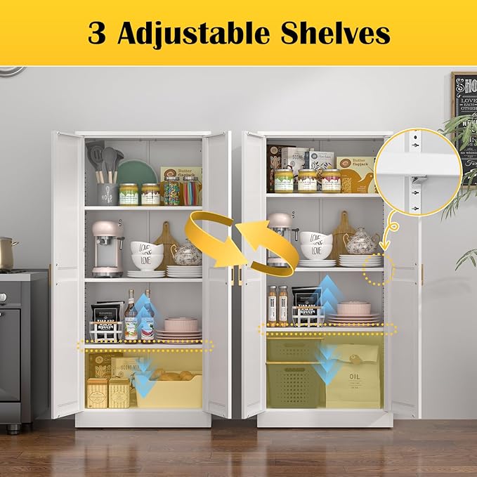 Kitchen Cabinet Storage,60”Metal Pantry Cabinet with Doors and 3 Adjustable Shelves,Food Pantry Cabinets with 2 Gold Handles,White Tall Storage Cabinet for Livingroom,Pantry,Bathroom,Kitchen
