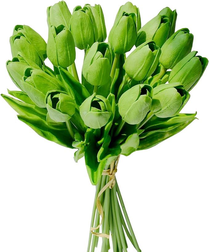 Mandy's Artificial Tulips 20 Stems Green PU Faux Flowers for Wedding Home Decor 13.5 Inch