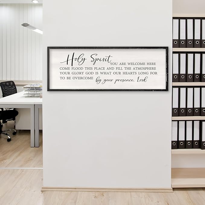 Holy Spirit You are Welcome Here Wall Decor Art 32x12 Inch Large Christian Song Bible Verse Plaque Wood Framed Sign Living Room Scripture Quote Religious For Office Wall Hanging (Black)