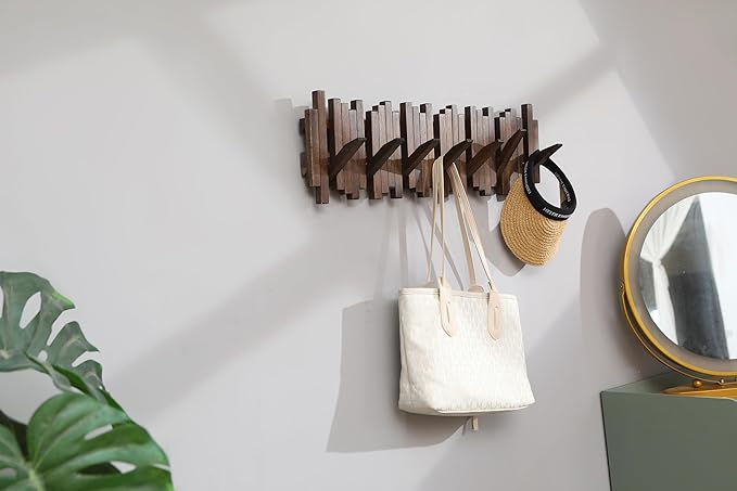 Natural Wood Wall Mounted Piano Coat Rack| Coat Rack Wall Mount| Flip Down Wall Hook Rack 7 Hooks| Entryway Wall Art Hook,Made of Acacia Wood (Wood Wax Oil Dyed Walnut Color).Wall Art