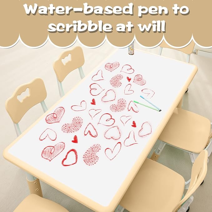 Children's Table and Chair Set Suitable for Boys and Girls Age 2-12 Height Adjustable Table top Can be Painted with 6 Seats Suitable for Family Learning Daily use (Wood Color)