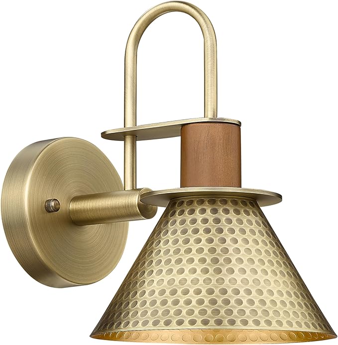 Antique Brass Wall Sconce, HWH Gooseneck Barn Wall Light Fixtures, 1-Light Single Wall Vanity Light, Farmhouse Wall Lamp for Bedroom Bedside Kitchen Hallway, Hammered Metal Shade, 5HZG74B-L BG