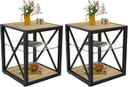 Farmhouse End Table Set of 2, Modern Side Table with 3-Tier Storage Shelf, Square Rustic Nightstand, Accent Tea Table, for Bedroom Office Living Room, Brown, Natural Wood, Glass, Metal