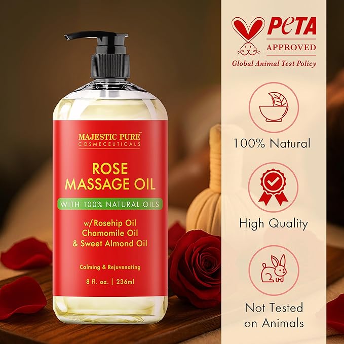 MAJESTIC PURE Rose Massage Oil for Massage Therapy - Refreshing, and Relaxing - Natural Oils - for All Skin Types - Men and Women - 8 fl oz