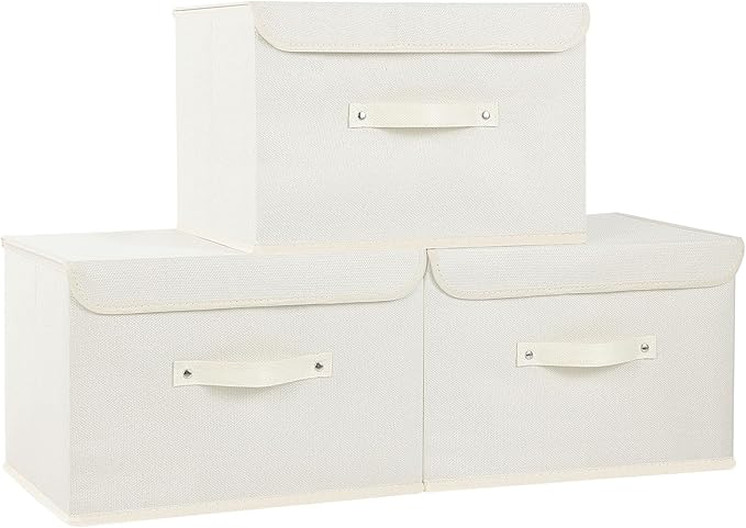 Fabric Storage Bins Cube Organizers with Flip-Top Lid and Handles,Storage Boxes for Organizing Home,Office,and Closet,Beige,3 Pack 15 x 9.8 x 9.8 in