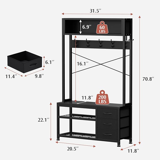 Lulive Hall Tree with Bench and Shoe Storage, 31.5" Coat Rack Freestanding with 2-Tier Storage Shelf, 6-in-1 Entryway Bench Coat Rack with 12 Hooks and 3 Drawers(Black)
