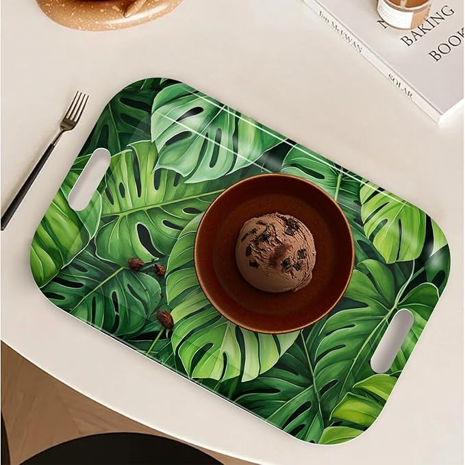 Serving Trays with Handles, 14.5 x 9.8 inch Rectangular Plastic Tray for Restaurant, Kitchen, Tropical Leaf Pattern Monstera in The Style
