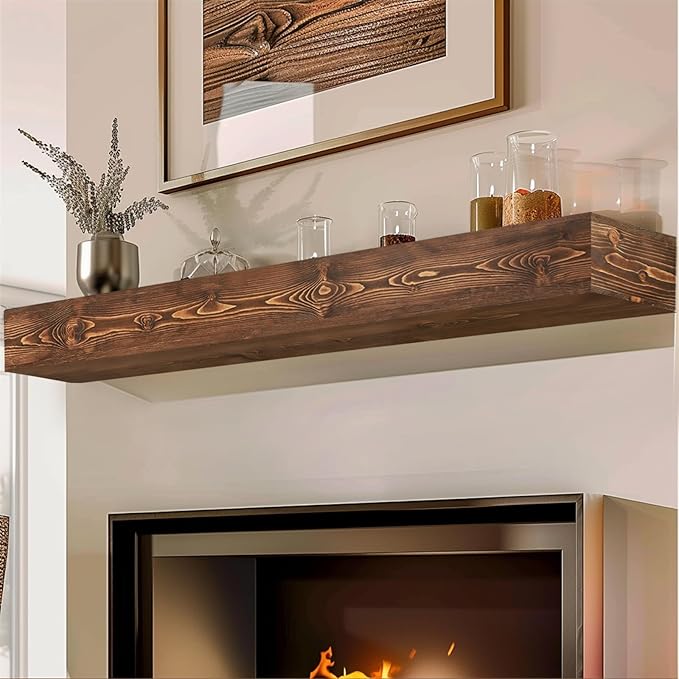 72x8x5 Fireplace Mantel - Handcrafted Hollow Rustic Solid Wood Wall Mounted Floating Shelf with Invisible Heavy Duty Wood Bracket (Weathered Brown)