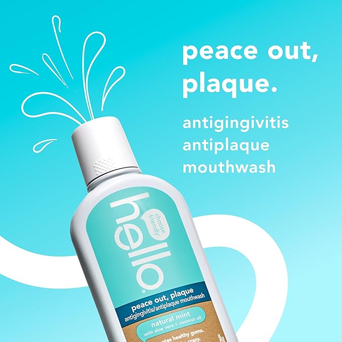 Hello Peace Out Plaque, Antigingivitis Alcohol Free Mouthwash, Natural Mint with Aloe Vera and Coconut Oil, Fluoride Free, Vegan, SLS Free and Gluten Free, 16 Ounce (Pack of 3)