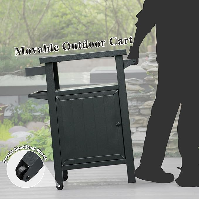 Domi Grill Carts Outdoor with Storage and Wheels, Whole Metal Portable Table and Storage Cabinet for BBQ,Deck,Patio,Backyard(Dark Grey)