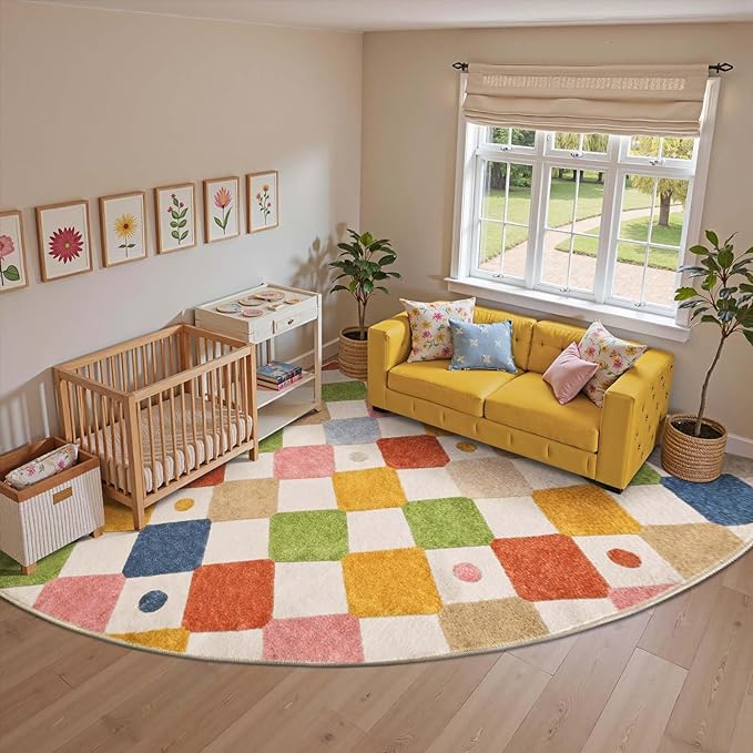 jinchan Kids Rug for Classroom 8ft Radius Corner Washable Area Rug Modern Colorful Quarter Circle Rug Soft Non-Slip Carpet for Nursery Playroom Daycare Reading Nook Living Room Circus on Cream