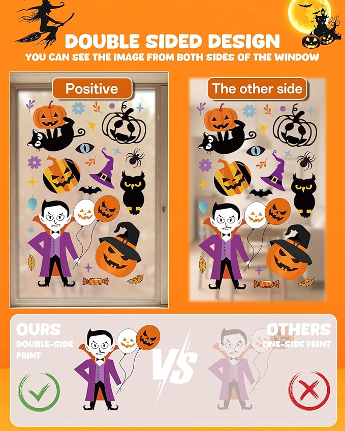 Halloween Window Clings - 9 Sheets 213 Pcs Happy Halloween Window Decorations Indoor for Home Party Eyes Pumpkin Ghost Bats Witch Stickers for Glass Double-Sided Removable Static Glass Decals