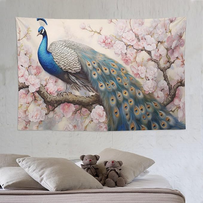 Peacock Tapestry Peacock Tapestries Fabric Wall Hanging Aesthetic Space Garden Indoor Outdoor Wall Art Tablecloth Bedspread Decoration for Bedroom Dormitory Living Room Home Decor 60"x90"