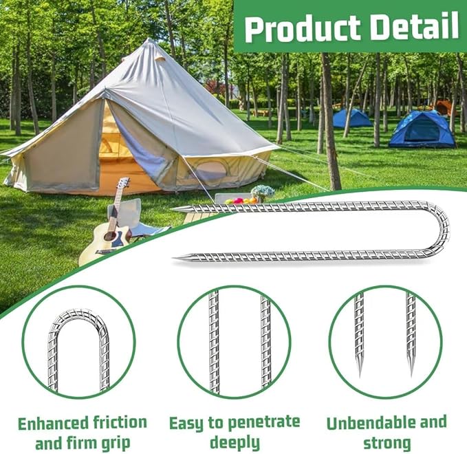 Ground-Stakes-Heavy-Duty-12 inch, U-Hook Rebar Stakes Galvanized Anti-Rust 20pcs Garden Stakes Metal Ground Anchors for Garden Dog Fence Chicken Coop Tent Trampoline Accessories Deer Fence