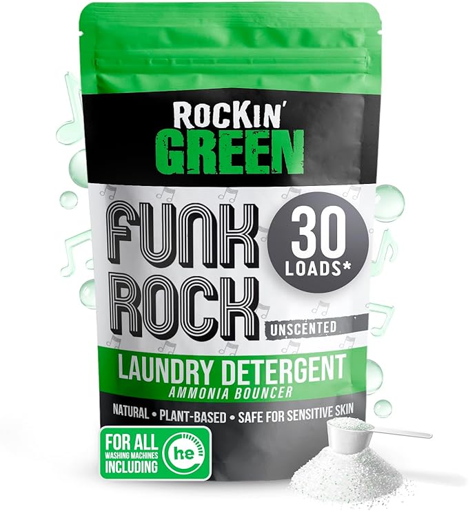 Rockin' Green Laundry Detergent, Plant based, All Natural Laundry Detergent Powder, Vegan and Biodegradable Odor Fighter, Safe for Sensitive Skin (Funk Rock Ammonia Bouncer 30 Loads - Unscented)