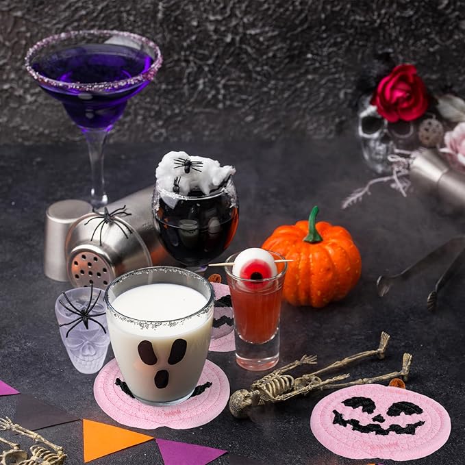 Whaline Halloween Pumpkin Cotton Coasters Pink Pumpkin Face Handmade Braided Drink Coasters Absorbent Cup Mats for Trick or Treat Party Home Table Decor, Set of 4