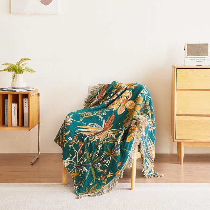 MSGKV Boho Throw Blanket for Bed Twin Size Cotton Muslin Breathable Floral Blanket 60"x80" Sofa Couch Blankets for All Seasons Lightweight Farmhouse Blankets Boho Home Decor