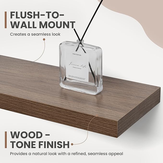 40 Inch Floating Shelves, 8 Inch Deep Floating Shelves for Wall, Hanging Shelf with Invisible Brackets, Deep Shelves for Bathroom, Bedroom, Living Room, Walnut, Set of 2