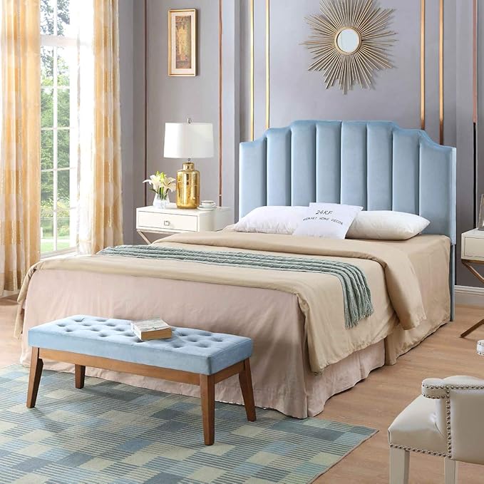 24KF Seaglass Velvet Tufted Queen Upholstered Headboard, Modern Vertical Channel Design California Queen/Full Headboard with Stepped Silhouette Top Edge, Seaglass