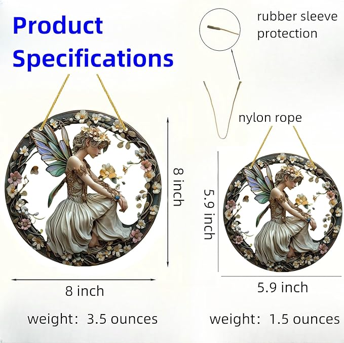 Flower Fairy Garden Decorations Angel Wing Christmas Halloween Deco Statue Art Elf Sculpture Hanging Craft for Outdoor Yard Courtyard Lawn Patio Window Acrylic Ornament Home Gift (B,L: 8*8 IN)