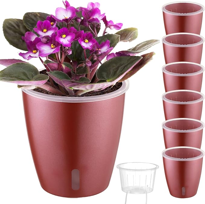 Self Watering Pots for Indoor Plants, 6-Pack 5'' Self Watering Planter with Drainage Holes, Small African Violet Pots with Water Indicator, Clear Wick Orchid Pot, Rose Gold