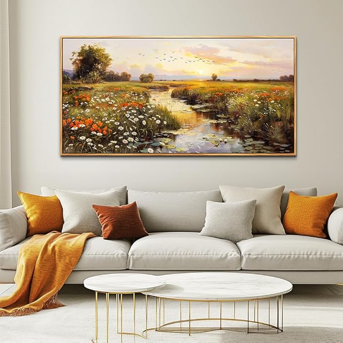PHAOHUAXM Large Canvas Wall Art For Living Room Wall Decor For Bedroom Watercolour Painting Office Decoration Countryside Sunrise Scenery Wall Picture Home Decor Ready To Hang 30x60 In Wood Framed
