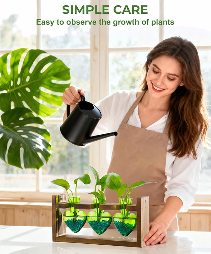 Nacome Plant Terrarium for Office Decor: Birthday Gifts for Plant Lovers Women Mom Wife - Wooden Stand Tabletop Planter 3 Bulb Glass Vase Heart Shaped for Hydroponics Indoor Home(Green)
