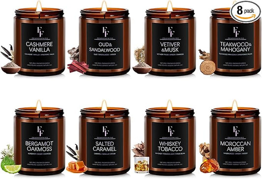 Scented Candles Set, Soy Wax Candles 8 Pack 56 Oz Aromatherapy Candles Gift Set for Women Men （Vanilla/Sandalwood/Amber/Mahogany/Vetiver/Bergamot/Caramel/Whiskey）