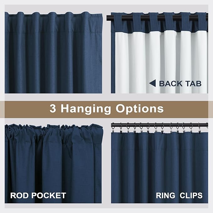 Navy Blue Blackout Curtains for Living Room 84 Inch Length 2 Panel Set Back Tab Pocket Midnight Dark Blue Black Out Linen Window Drape Thermal Insulated Room Darkening Curtain for Bedroom Boys 84 Long