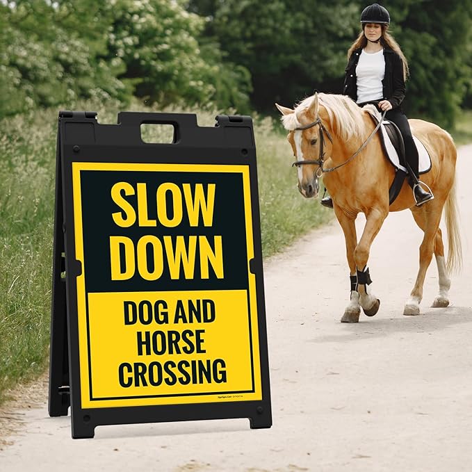 Slow Down Dog and Horse Crossing Sidewalk Sign Kit, 18x24 Inches, with A Frame Stand, Made in USA