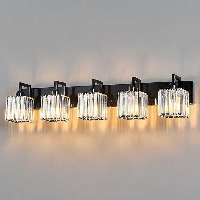 Modern Bathroom Vanity Light 5-Lights Plating Black Vanity Light Crystal Wall Light Bathroom Light Fixtures