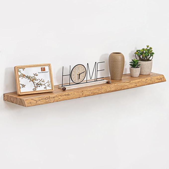 Floating Shelves for Wall, 42" Live Edge Solid Elm Wood Floating Shelf, Wall-Mounted Display Shelves with Invisible Heavy-Duty Metal Bracket, Floating Shelf for Living Room Kitchen, Natural