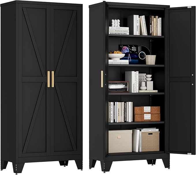 71'' Farmhouse Metal Storage Cabinet with Barn Doors,Steel File Cabinet for Home Office,Kitchen Pantry 4 Adjustable Shelves,Freestanding Cupboard for Kitchen,Home Office (Black)