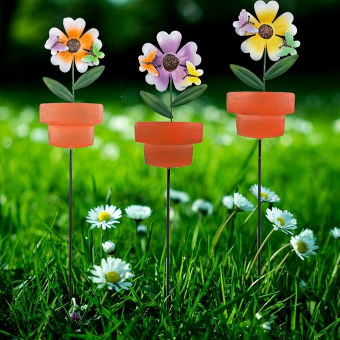 Metal Garden Stakes Decor,3 Pack Flowers Pot Decorative Garden Stakes, Waterproof Spring Outdoor Decor,Metal Flowers Garden Decor for Outside,Lawn,Yard,Pathway
