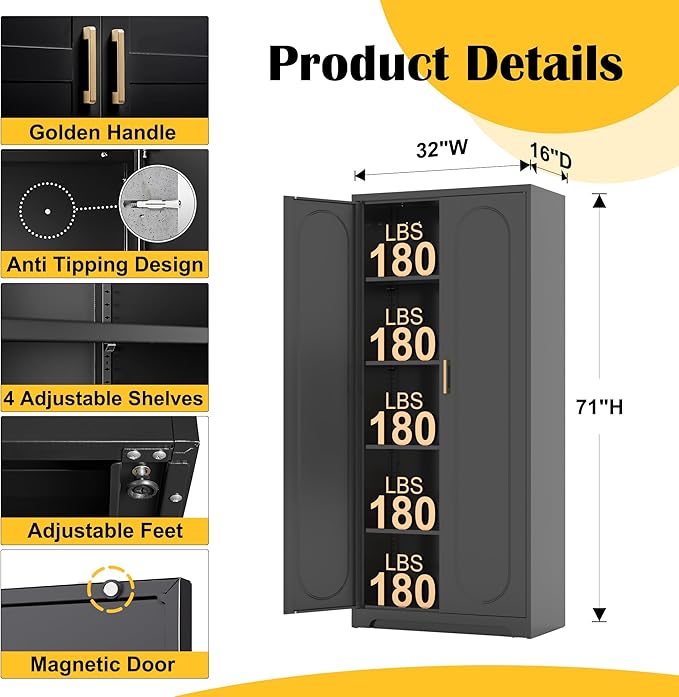 Metal Tall Black Cabinet, 71' Pantry Cabinet with Doors and 4 Adjustable Shelves, for Pantry, Laundry Room, Living Room, Dining Room