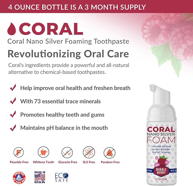 Coral Nano Silver Kids Fluoride Free Foaming Bubble Berry Coral Calcium Toothpaste, Natural Formula, SLS and Glycerin Free - 4 Ounce