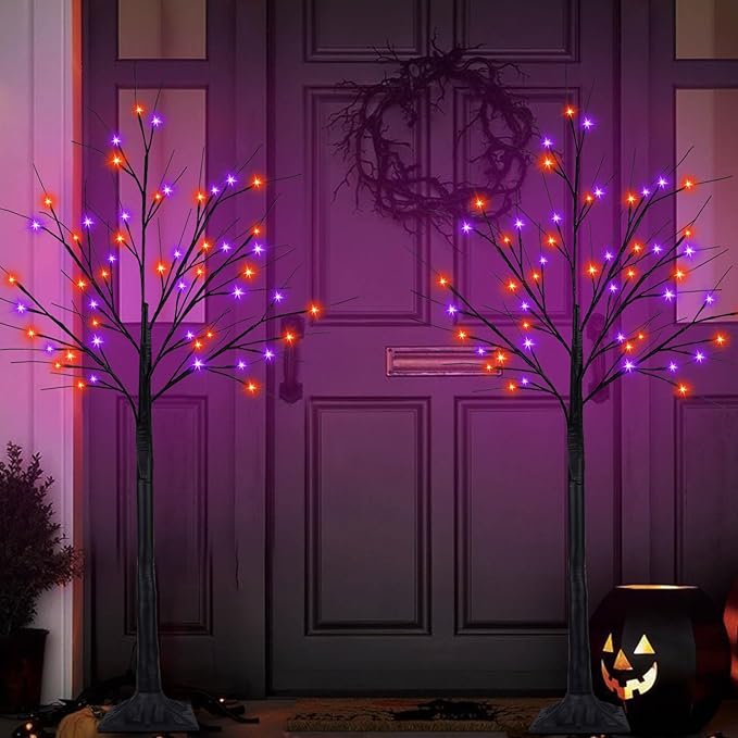 2Pack 4FT 100LED Black Halloween Tree Lights, Timer Function Halloween Trees with Purple and Orange Lights, Spooky Trees Light for Indoor Outdoor Halloween Decorations