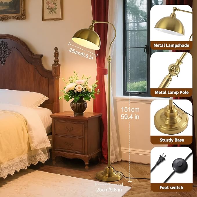 Bright LED Gold Reading Floor Lamp with Remote Control and Bluetooth Dimming,Living Room Bedroom Bedside Office Study Library Adjustable Standing Tall Lights, Unique Modern Brass Home Decor Essentials