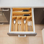 Umilife Kitchen Drawer Organizer, 12 Inch Silverware Utensil Tray Holder, Extra Deep, with Non-Slip Feet & Grooved Drawer Divider, 6 Slots Total Bamboo Wood Caddy for Flatware Cutlery Knives